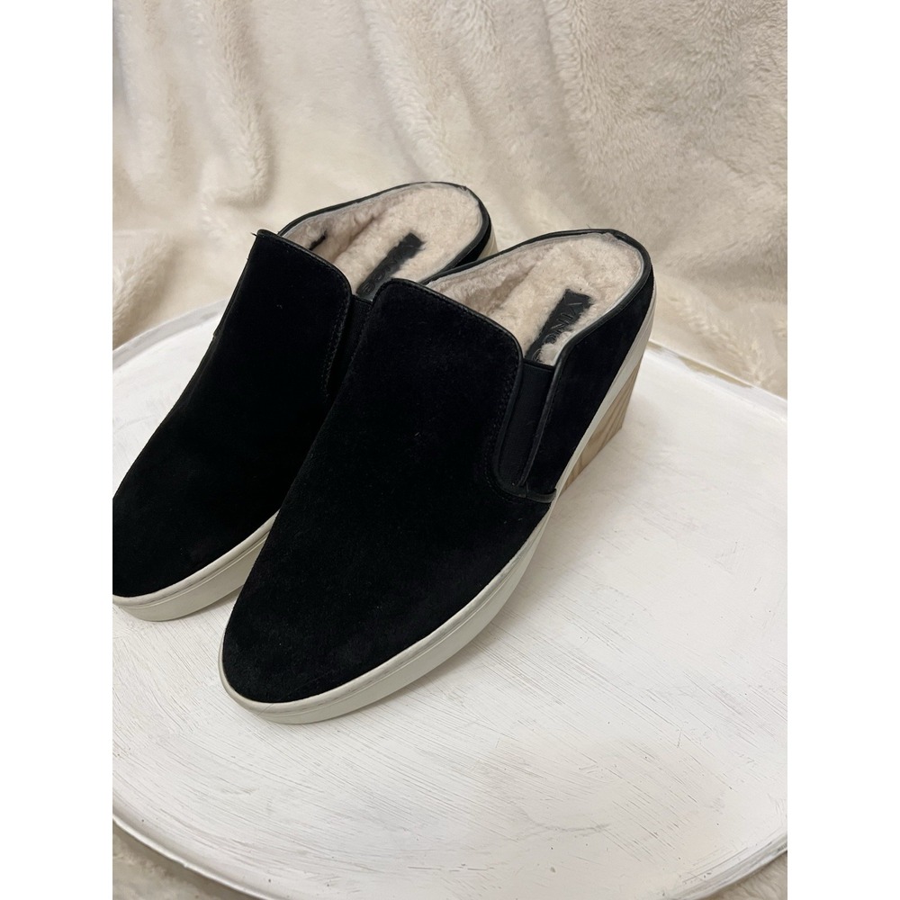 Vince Garvey Suede Shearling Lined Mules Shoes Size 6.5 Women's Black Slip On